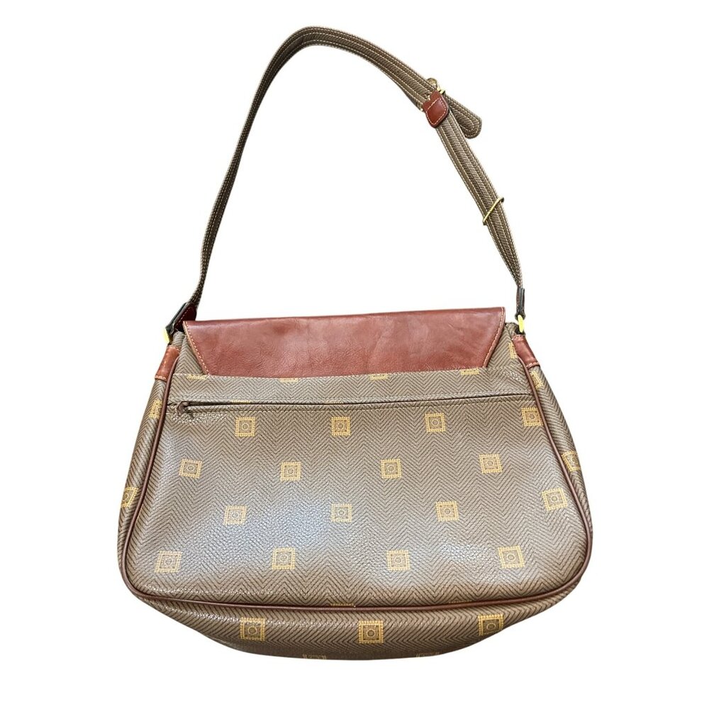 Texier Brown Leather & Green Coated Canvas Shoulder Bag Made in France - Picture 2 of 9